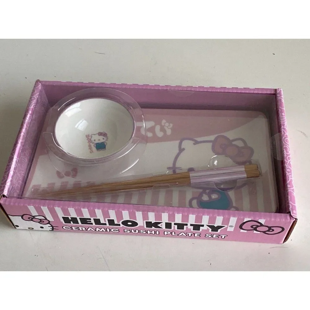 3 Piece Sanrio Hello Kitty Pink Ceramic Sushi Set With Sauce Bowl and Chopsticks